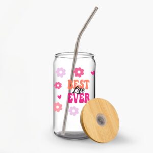 Best Life Ever Soda Can Glass (16 oz) | Cute Floral Aesthetic Glass Cup with Lid & Straw | Pink Retro Typography Drinkware