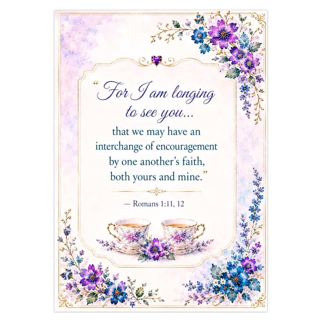 “Missing You, Friend” Floral Tea Garden JW Greeting Card – Romans 1:11, 12 - Image 5
