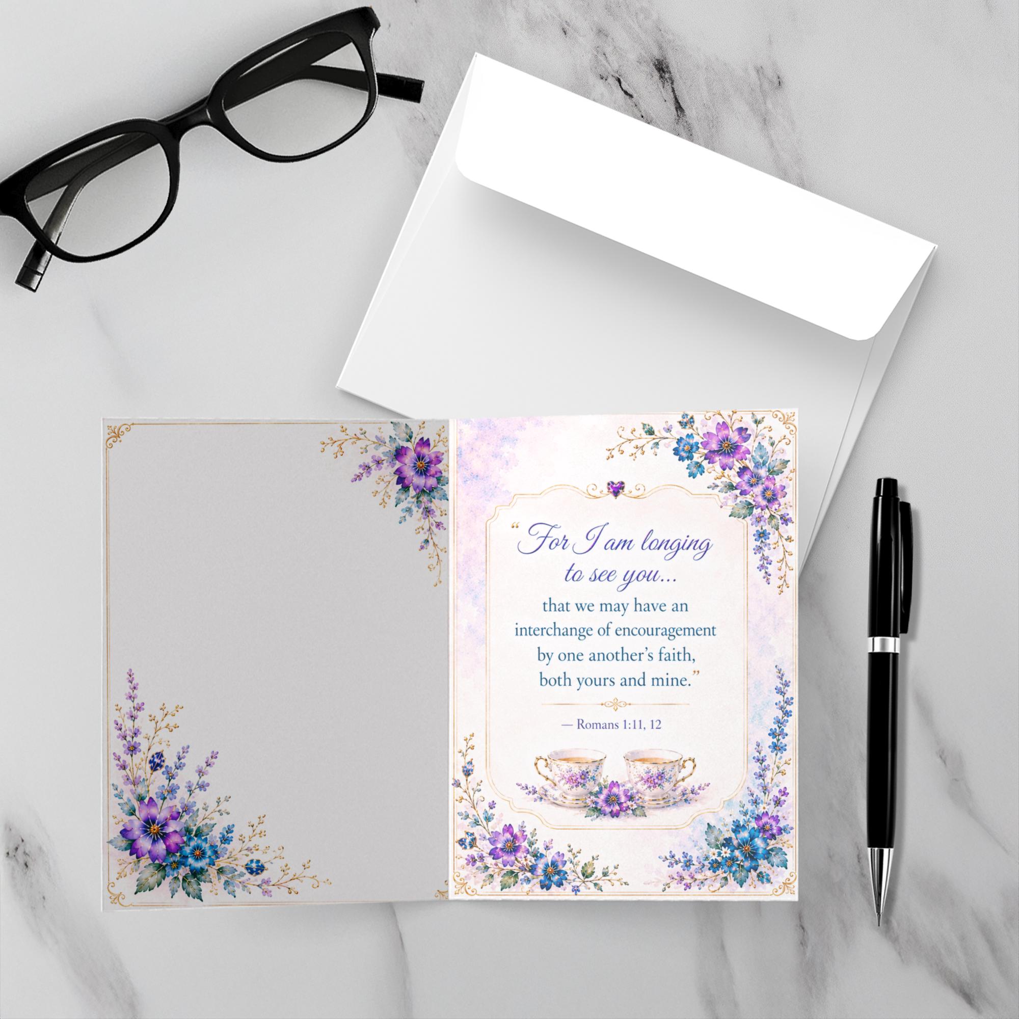 “Missing You, Friend” Floral Tea Garden JW Greeting Card – Romans 1:11, 12 - Image 2