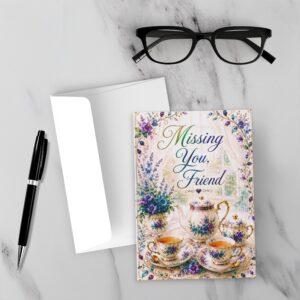 “Missing You, Friend” Floral Tea Garden JW Greeting Card – Romans 1:11, 12