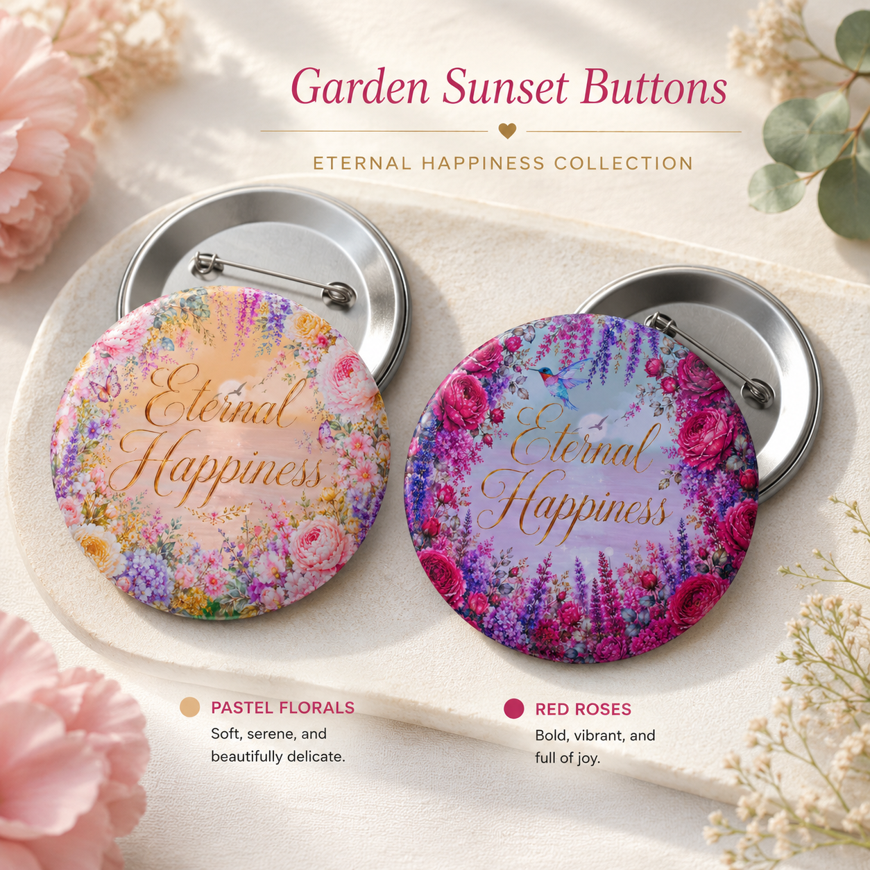 “Eternal Happiness” Garden Sunset Convention Buttons – Paradise Blooms Collection - Image 3